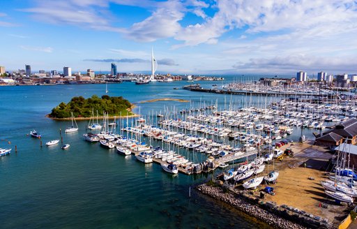 Aerial view of the Marina of Gosport behind Burrow Island in Portsmouth Harbor in the south of England on the Channel coast