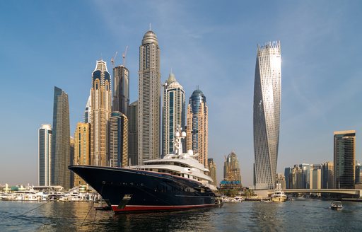 superyacht moored in Dubai harbour