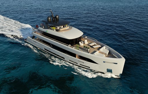 Rendering of Sirena Yachts 35m underway. Aerial side view looking at the bow. Surrounded by sea.