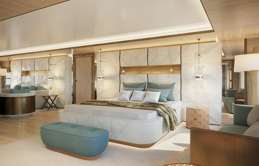 Bedroom of Damen Yachting's 'La Datcha' Explorer Yacht with lightly colored furnishings and upholstery