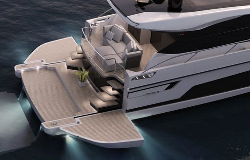 rendering of the Targa 58 GTB yacht showing extended swim platform and steps up to main deck aft equipped with a seating area