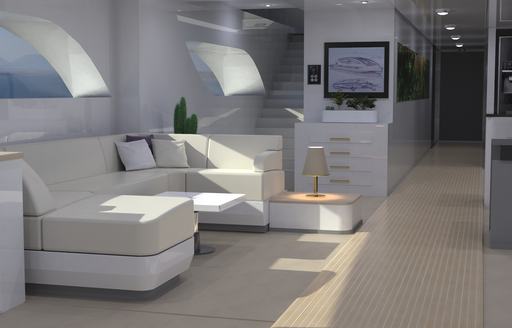 CGI showing light colored interior of Xenos superyacht, with soft furnishing