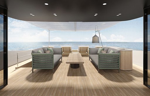 A rendering of an exterior lounge on board a Sanlorenzo SD96 luxury yacht