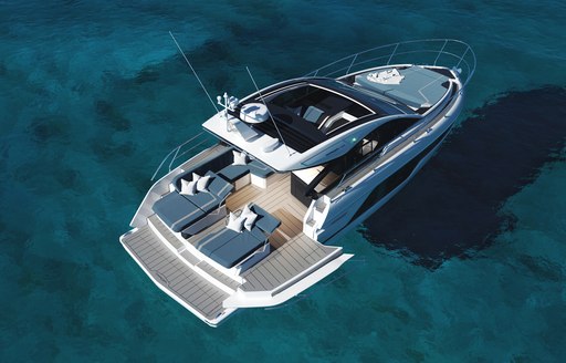 Aerial rendering looking down on Fairline Targa 40, bulwark folded down, surrounded by sea.