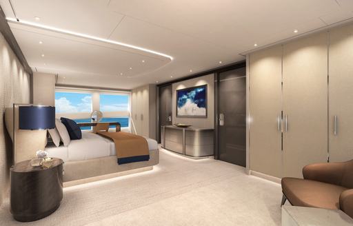 Rendering showing double bed in cabin on Project Akira