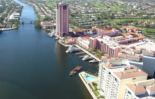 Aerial view of Boca Raton Resort & Club Marina – Boca Raton, surrounded by sea.