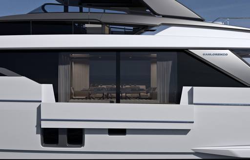 Profile shot and glass windows on board new Sanlorenzo yacht