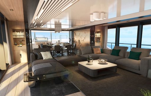 rendering of large U-shaped grey sofa in the window-lined interior of the Sunseeker 161 yacht