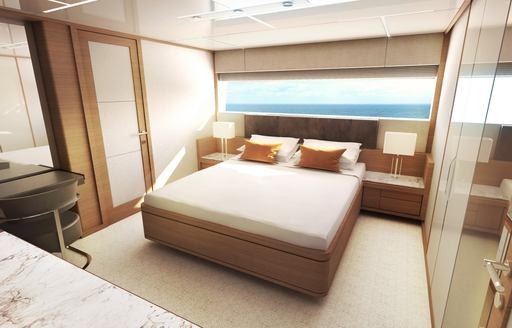 A guest stateroom on board a Johnson motor yacht