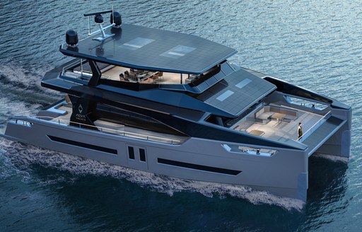 Rendering of Alva Yachts OE90, surrounded by sea