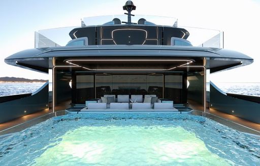 rendering of the pool in front of seating area on the aft deck of the S702 with view of deck above