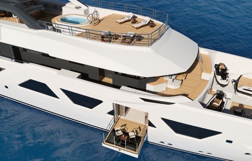 profile view of the Amels 60, with drop-down swim platform from main deck and view of pool and sun loungers on the sundeck 