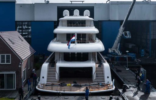 Aft view of Feadship Project 823 in construction shed.