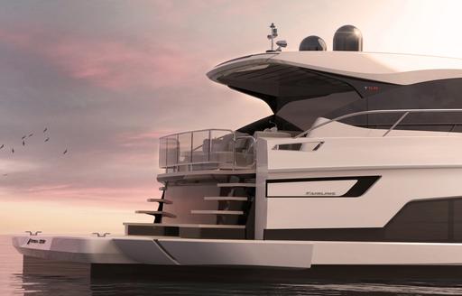 rendering of the beach club area on the Targa 58 GTB yacht on calm water as sun set turns the sky pink