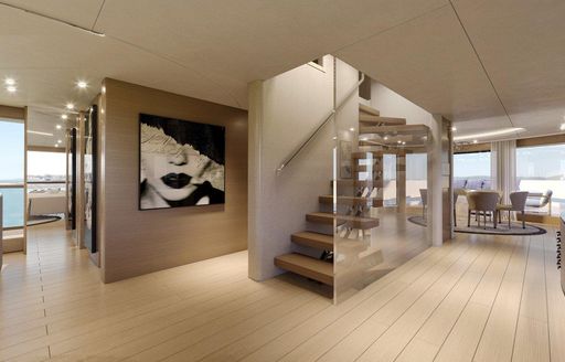 Staircase with painting on wall on board Veranda on Benetti B.Yond explorer yacht