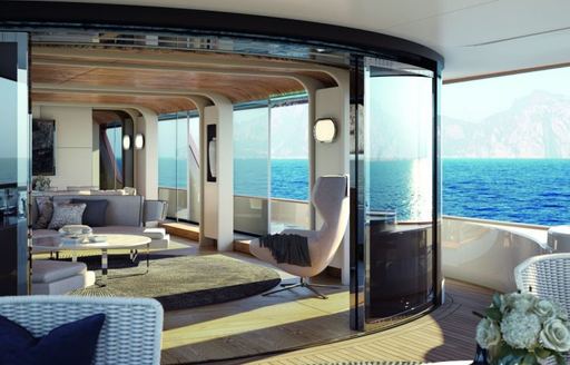 Rendering of large glass doors to interiors of Benetti Motopanfilo