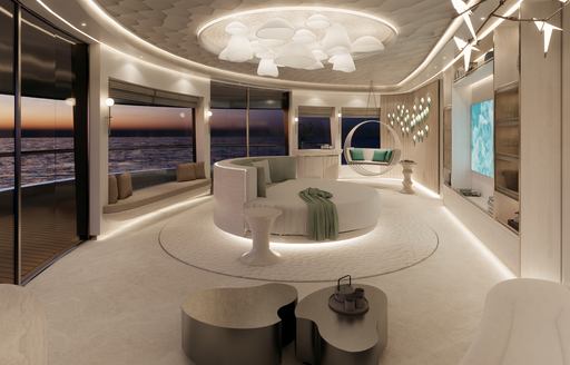 Seating area in front of large tv on Lurssen superyacht concept ALICE