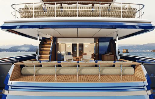 rendering of the aft deck of Navetta 30 yacht with sunpads and seating on lower deck and sunpads on sundeck