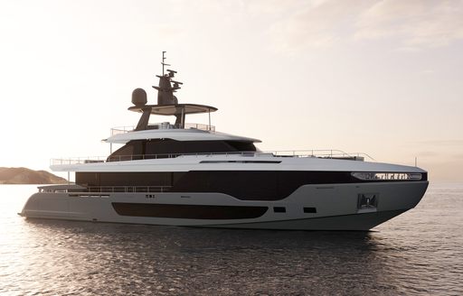 Rendering of Azimut Grande 36 Metri at anchor. Surrounded by sea.