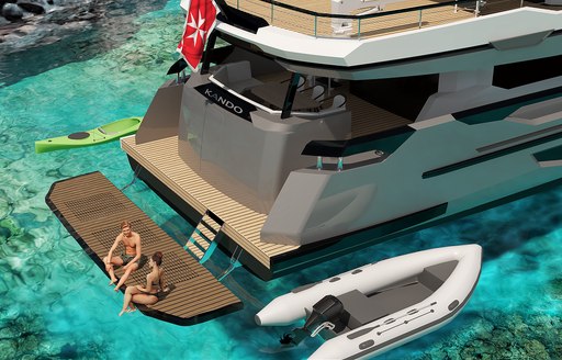 Kando 85 render aft view with bathing platform lowered