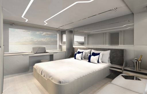 rendering of the master suite on board the Targa 58 GTB showing a large bed with white linen, white wall panels, light floorboard and a large window