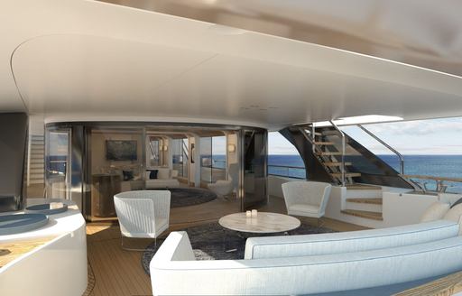 Rendering of covered seating on deck of Benetti Motopanfilo 