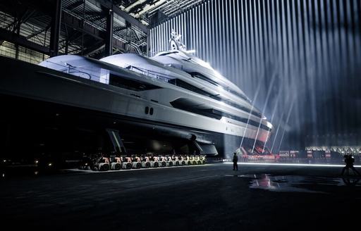 Aft view of Oceanco Superyacht H emerging from shed.