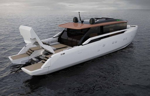 Sanlorenzo SP92 mid aerial shot over starboard quarter deck showing aft deck with transom door lifted, calm water, grey day