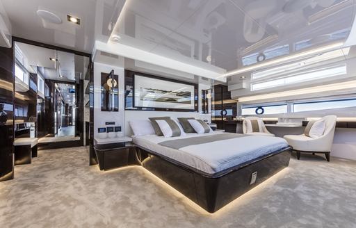 A guest cabin on board a Pearl 95 luxury yacht.