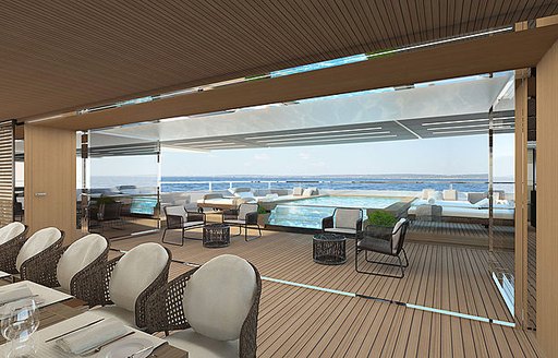 dining table in foreground with infinity pool surrounded by sun pads in background on board Sanlorenzo 64 Steel yacht