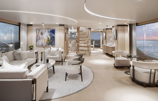 rendering of the interior of B.YOND 37M with white sofas and chairs, white walls and ceilings, and pale wood floors