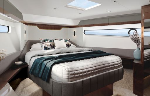 Rendering of cabin onboard Fairline Targa 40. Central berth with narrow windows on either side.