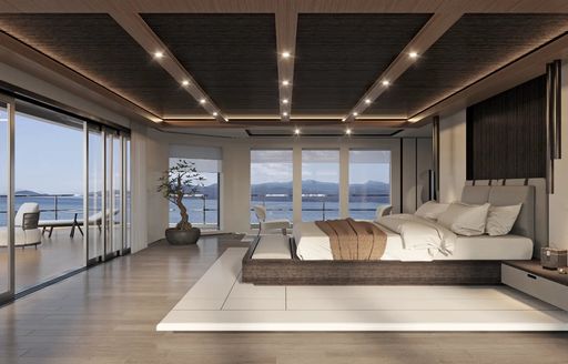 Rendering showing large cabin with bed and sliding doors on LONTANO