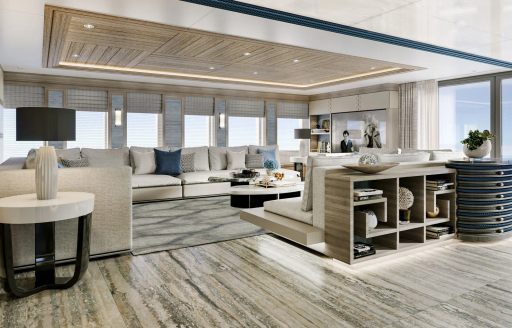 Large lounging area on explorer yacht VICTORIOUS