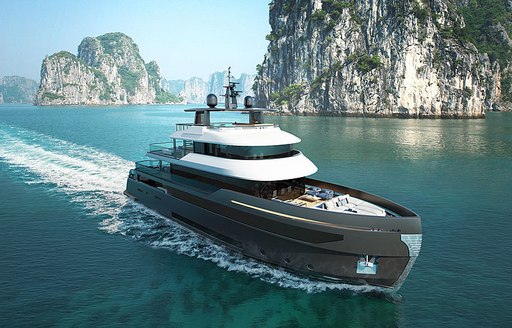 rendering of the B.Yond 37M with black hull and white superyacht cruising on calm waters past tall limestone formations