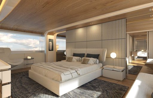 Rendering of double bed in cabin with large glass windows on Benetti Motopanfilo