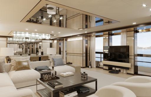 Main salon onboard Heesen RELIANCE. Cream seating arrangement on port side with widescreen TV on starboard, plus large windows around. 