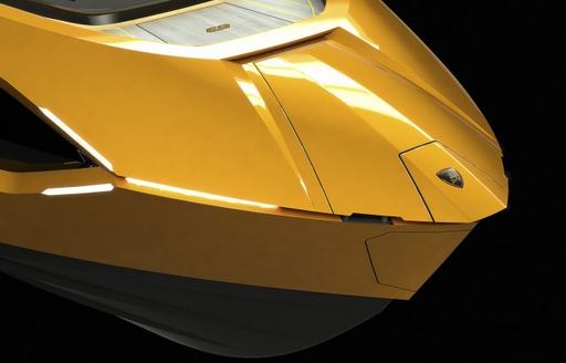 Angled view of Lamborghini badge on the bow of the Tecnomar for Lamborghini 63