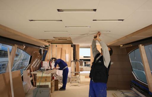 interior of a Ferretti yacht under construction 