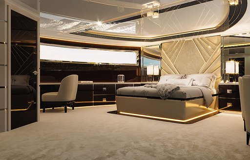 Master cabin onboard Escalade 25, central berth with chair on far side.