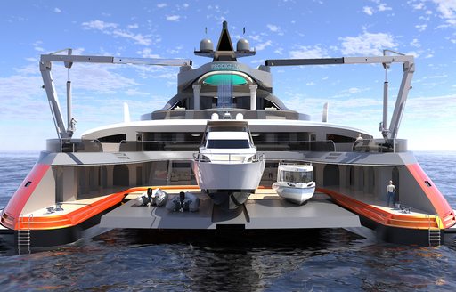 CGI of aft of Prodigium Concept showing yacht in docking area