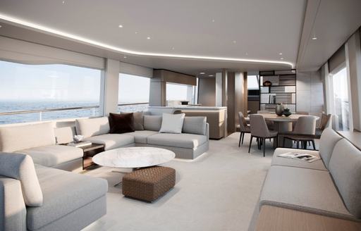 The bright and contemporary interior of a Princess Y85 superyacht.