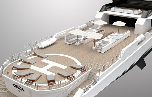 sunloungers line up on touch-and-go helipad with a seating area further forward on the large aft deck of Project Orca