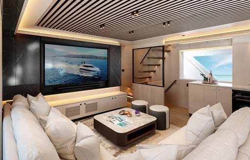 Cosy lounge area onboard Horizon FD80 Sweet Caroline, corner sofa facing wall mounted TV.