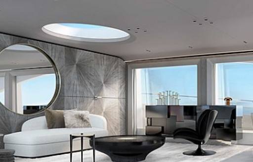 rendering of the interior with skylight, round mirror, white sofa and black armchair and coffee table on board the Mangusta Sport 104 yacht