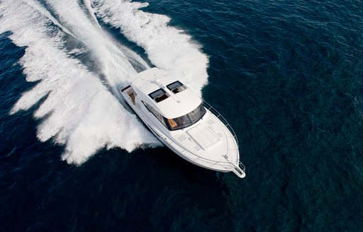 Aerial running shot of the Riviera 525 SUV yacht