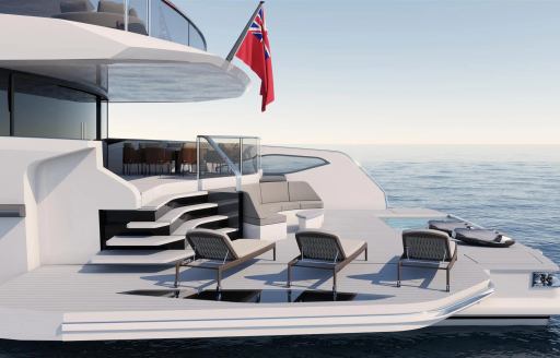 Sun loungers positioned onboard the Sunseeker Ocean 460. Rendering of yacht surrounded by sea.