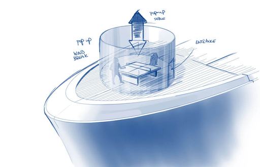 Artist impression of on deck table tennis facility surrounded by glass enclosure onboard Feadship 'Project FG' 