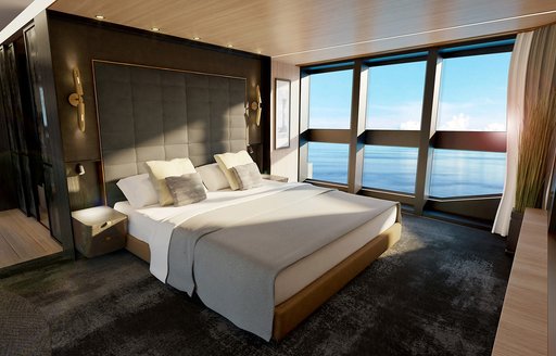 rendering of a bed with a grey headboard in a window-lined master suite on board Sunseeker 161 yacht 