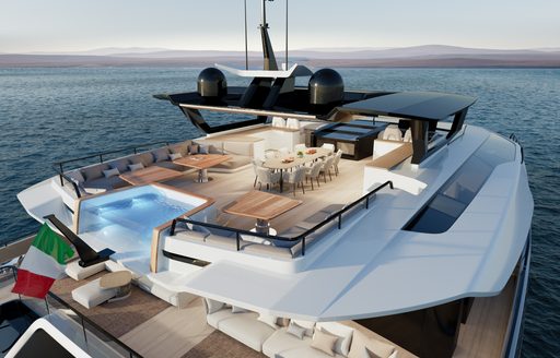 Aft view of Extra Yachts VILLA X30 flybridge, infinity pool in foreground with alfresco dining option and lounge area set back.